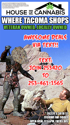 Image of a scene from Star Trek, a monster with cannabis for a head is looming menacingly over a crew member. Text reads: "Awesome deals via text!! Text JOIN 253420 to 253-461-1565"