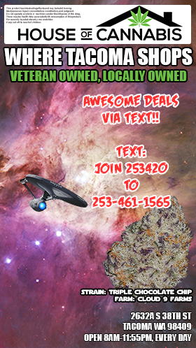 Image of Star Trek Enterprise flying in space toward a giant cannabis product. Text reads: "Awesome deals via text!! Text JOIN 253420 to 253-461-1565"