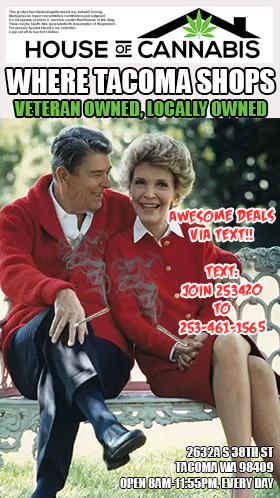 Image of Ronald and Nancy Reagan sitting together on a bench, smoking blunts. Text reads: "Awesome deals via text!! Text JOIN 253420 to 253-461-1565"