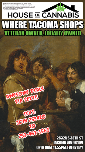 Classical-style painting of a group of men smoking together. Text reads: "Awesome deals via text! Text JOIN 253420 to 253-461-1565"