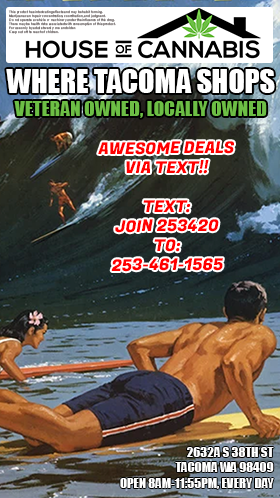 Illustration of surfers on the water. Text reads: "Awesome deals via text!! Text JOIN 253420 to 253-461-1565"