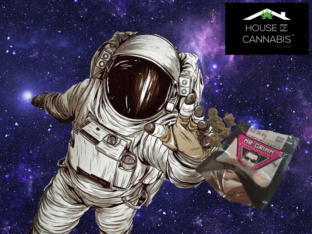 Illustration of an astronaut in space, reaching out for a bag of cannabis.