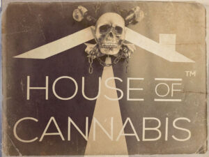 A decorative Halloween and House of Cannabis logo