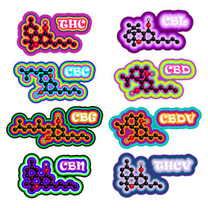 chemical structure formulas in psychedelic colors schemes. Colorful illustration of cannabis.