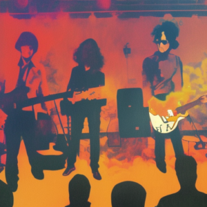 A digital image of a band playing in a smokey venue