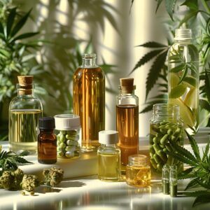 Variety of cannabis products including oils, edibles, and capsules displayed on a white surface, representing the different forms of medical cannabis available.