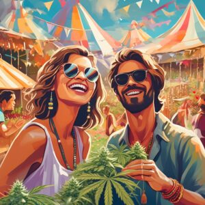 A painted image of a man and woman at a festival with some bud