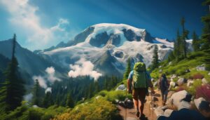 A painted picture of hikers walking towards mount rainier