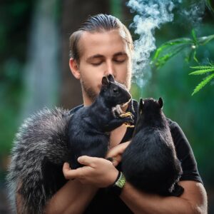 A completely unbelievable image of a ryan gosling looking mf'er smoking some herb with some squirrels